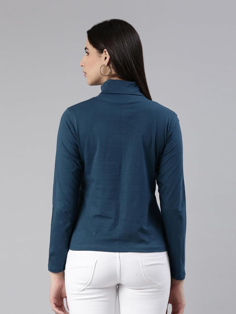 KRYPTIC Women's Teal Blue 100% Cotton Solid High Neck T-Shirt - Image 2
