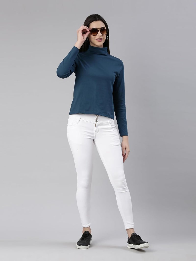 KRYPTIC Women's Teal Blue 100% Cotton Solid High Neck T-Shirt - Image 5