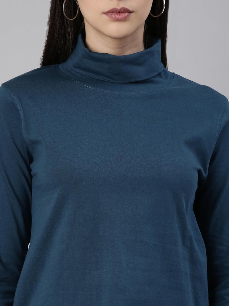 KRYPTIC Women's Teal Blue 100% Cotton Solid High Neck T-Shirt - Image 4