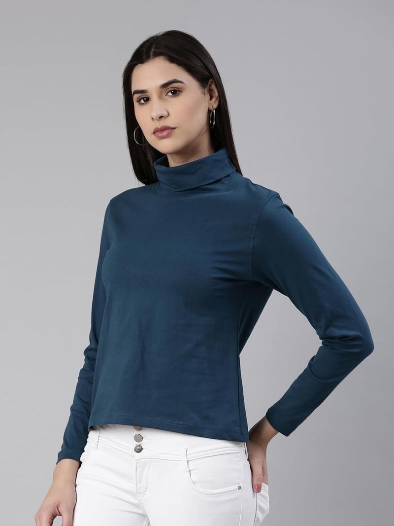 KRYPTIC Women's Teal Blue 100% Cotton Solid High Neck T-Shirt - Image 3