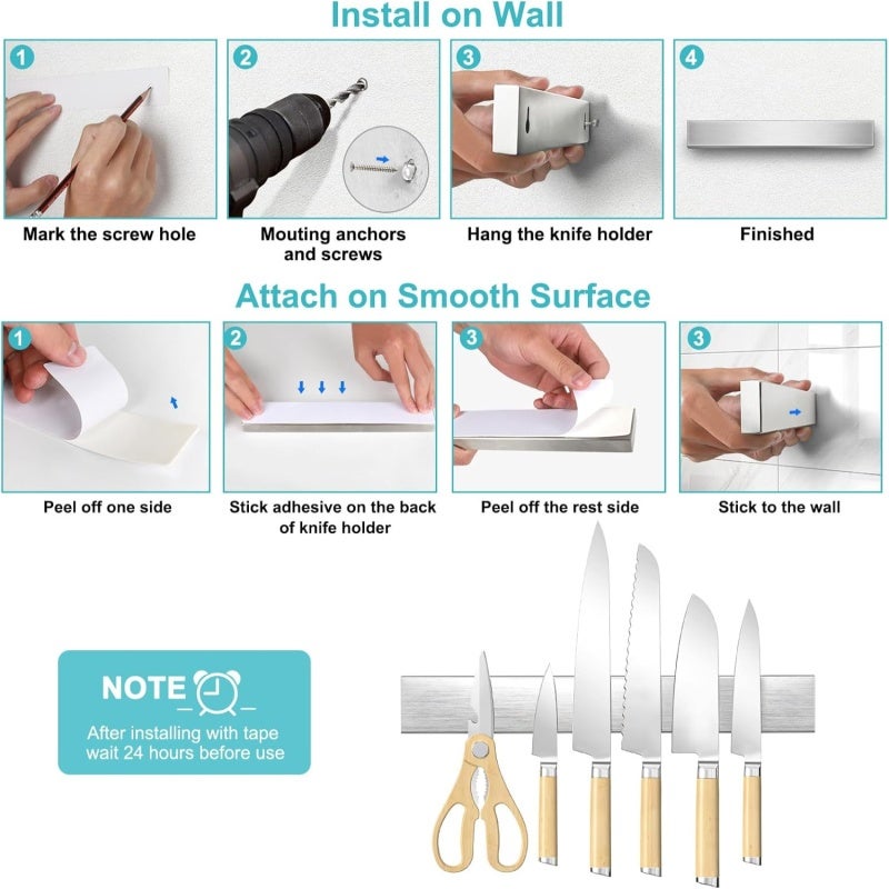 Magnetic Knife Bar 25*4*1.5cm Strong Magnetic Force - 304 Stainless Steel Rust-Resistant Space-Saving Holder for Home Kitchen Countertop Refrigerator - Image 5