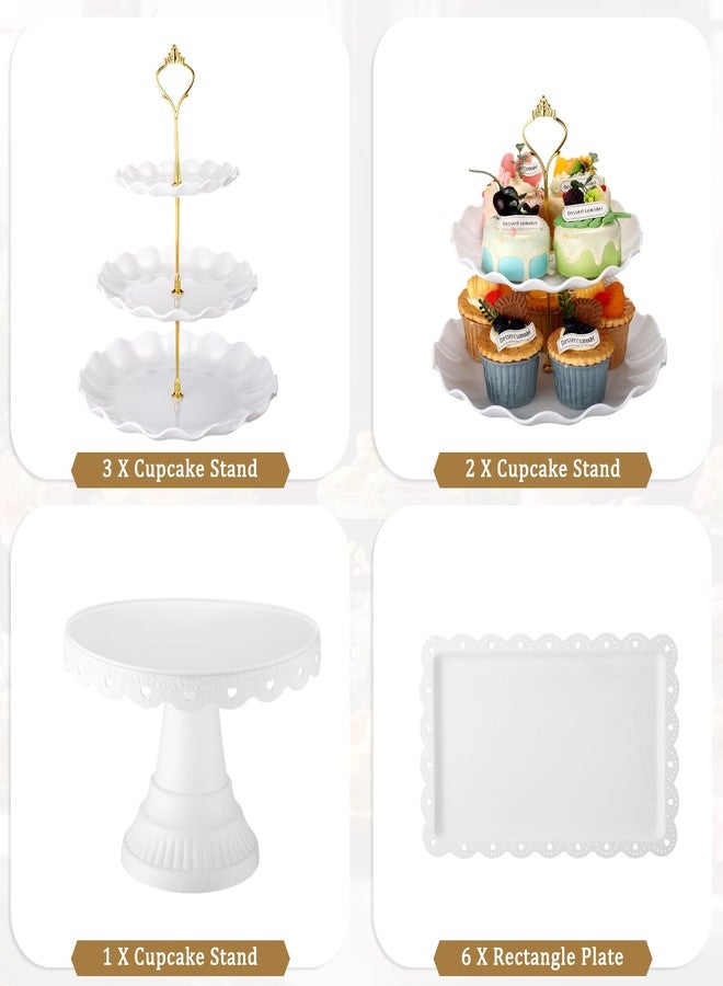 Willinglong 12 Pcs Dessert Cupcake Stand Holders - Cake Table Display Set, 5 Cupcake Tiered Stand 1 Cake Holder 6 Serving Tray Combo for Tea Party Birthday Baby Shower Wedding(Elegant,White,Gold) - Image 2