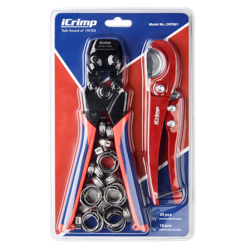 Icrimp Mini Pex Pipe Quick Cinch Tool Set For Stainless Steel Clamp From 3/8-Inch To 1-Inch With Pex Cutter 20Pcs 1/2-Inch And 10Pcs 3/4-Inch Stainless Steel Clamps Included - Image 1
