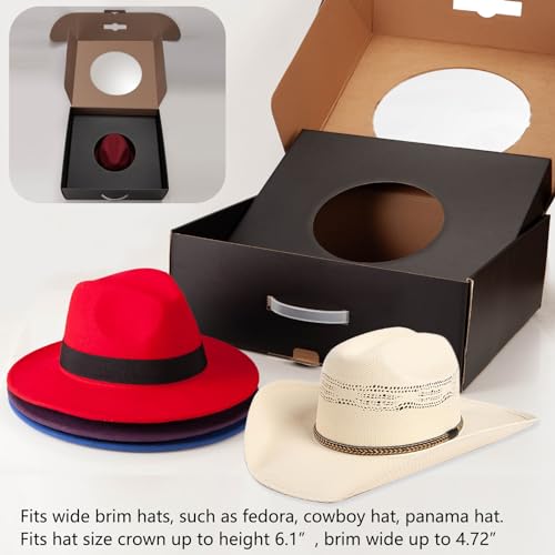 LADYBRO Large Hat Box Gift Box Hat Carrier Wide Brim Felt Straw Panama Fedora Cowboy Hats Protecter Organizer Holder Clear Window Display Storage Portable, Black 18.1 * 16.5 * 6.3" - Image 2