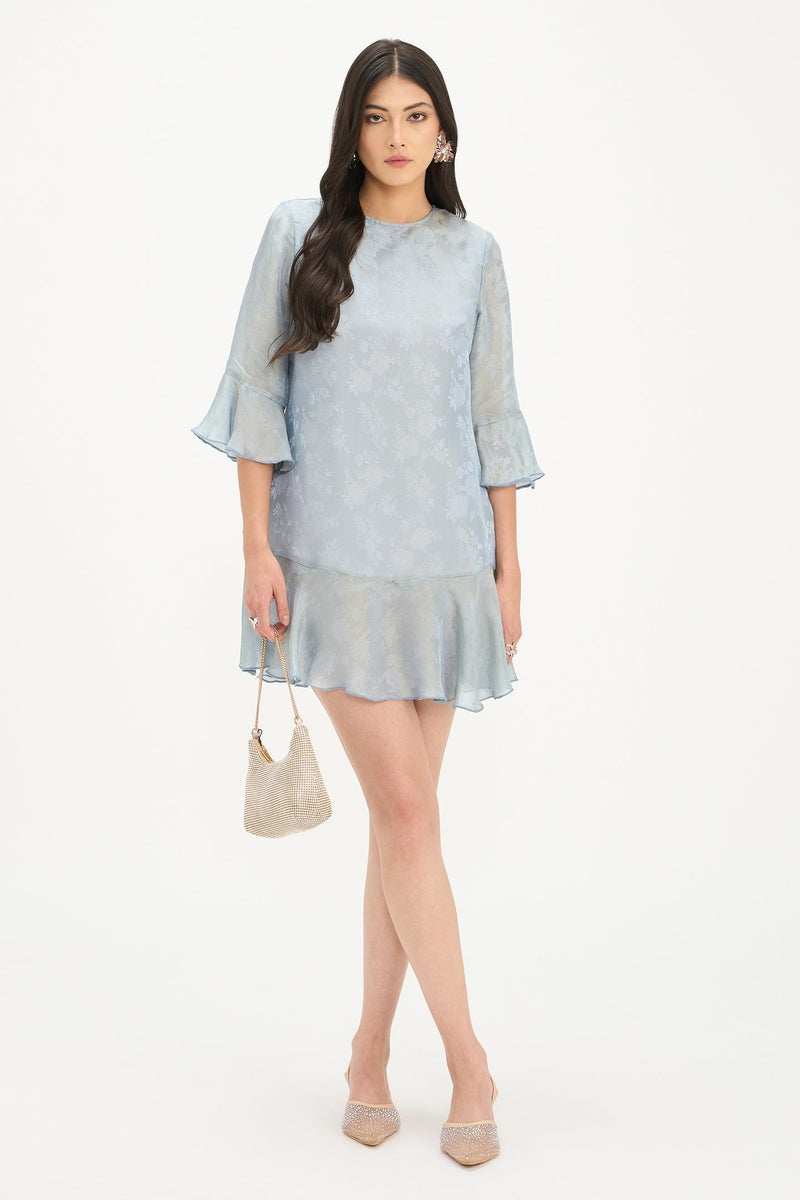 Virgio Self Design Viscose Flounce Sleeve Mini Dress for Women - Image 1