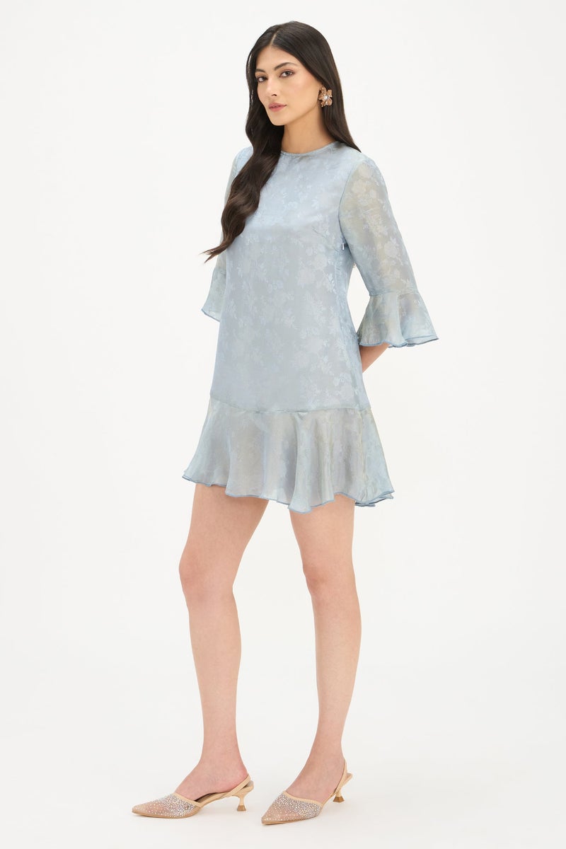 Virgio Self Design Viscose Flounce Sleeve Mini Dress for Women - Image 3