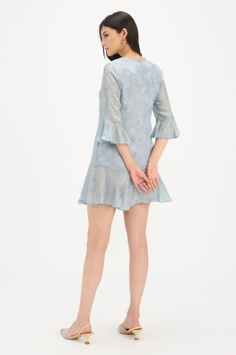 Virgio Self Design Viscose Flounce Sleeve Mini Dress for Women - Image 4
