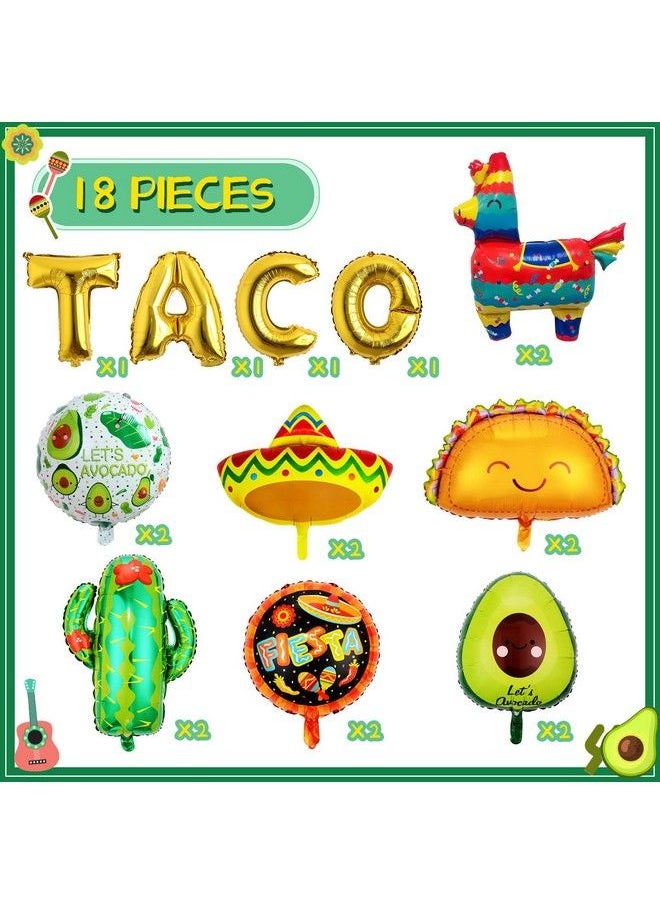 Bluegogo - 18 Pcs Fiesta Party Balloons Supplies Taco Balloons Mexican Balloons Cinco De Mayo Party Decorations Cactus Avocado Hat Jumbo Mylar Foil Balloons Fiesta Party Decorations - Image 1