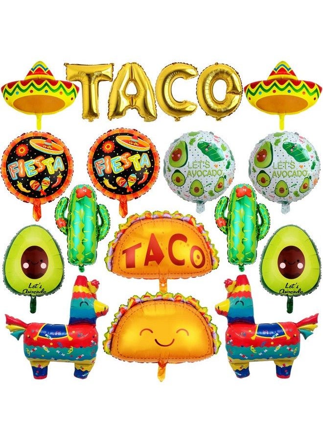 Bluegogo - 18 Pcs Fiesta Party Balloons Supplies Taco Balloons Mexican Balloons Cinco De Mayo Party Decorations Cactus Avocado Hat Jumbo Mylar Foil Balloons Fiesta Party Decorations - Image 1