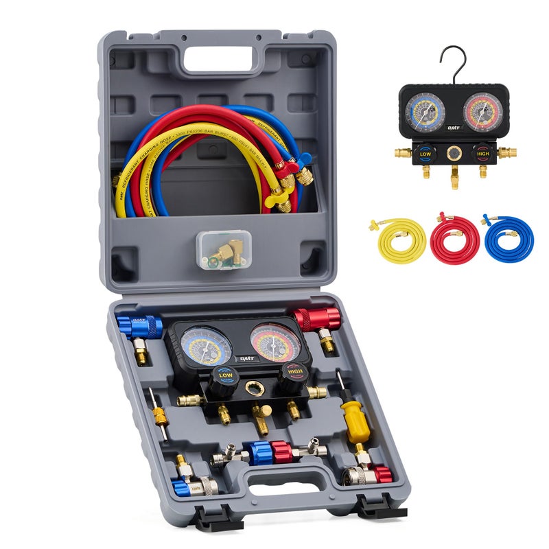 مجموعة عدادات مانيفولد ثلاثية من أوريون موتور تك لغازات التبريد R1234yf R404a R134a مع خراطيم وموصلات سريعة وصمامات ذاتية الإغلاق لشحن وتفريغ فريون السيارات