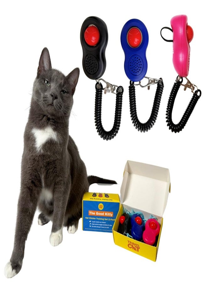 Your Cat Backpack TRAVEL CAT Clicker Training Kit - 3 Pack Cat and Puppy Training Clicker with Button and Wrist Strap for Cats Behavior, Rewards Training - Red, Blue and Black Pet Training Clicker with Loud Click Sound - Image 1