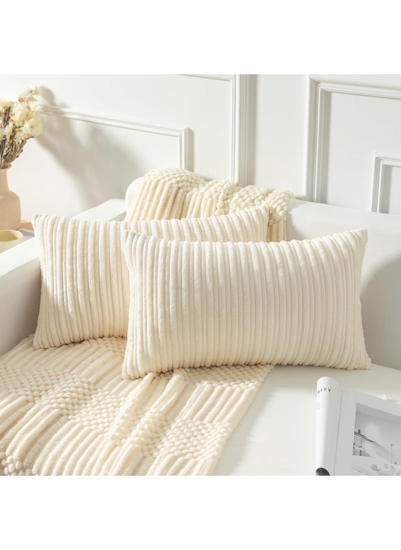 K KEVIN TEXTILE Kevin Textile Set of 2 Oblong Pillow Covers Plush Striped Corduroy Velvet Rectangular Lumbar Throw Pillow Case 12x20 Cushion Cover for Chair 30 x 50cm Creamy White 
