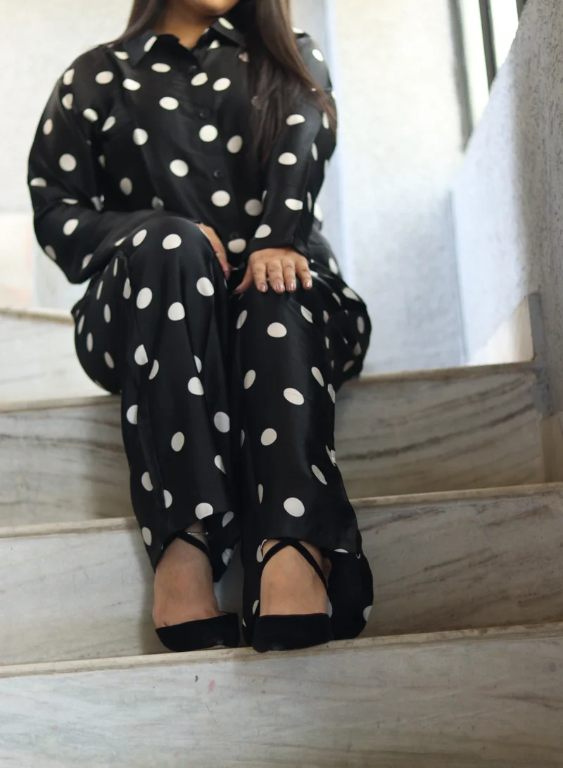 TUMMY TUMMY Black Sattin Silk 2PC Cord Set with White Polka Dot
