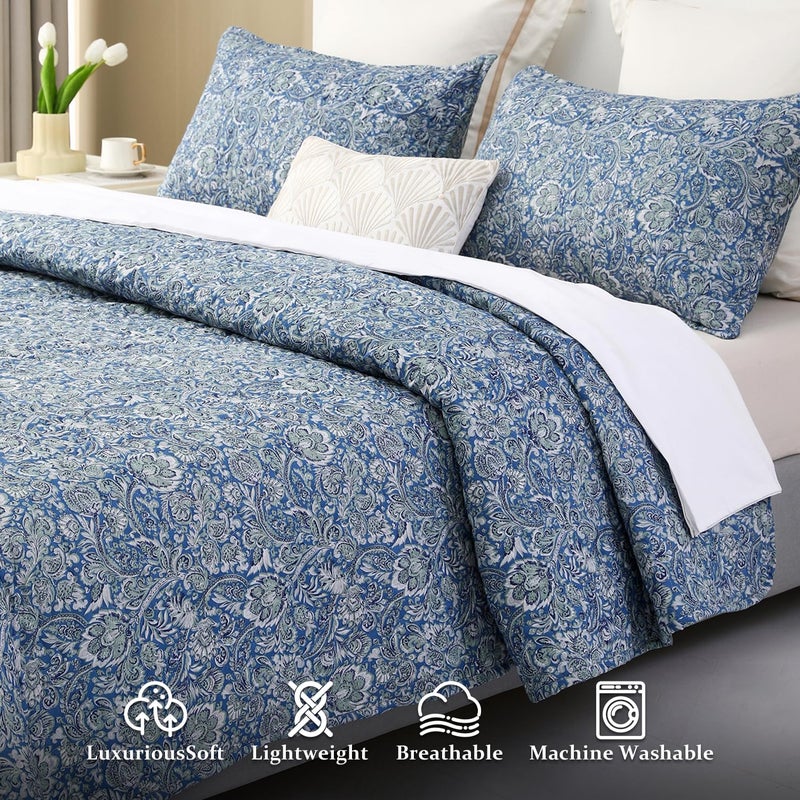 DURLENGEN Quilt Set King Size 3Pcs,Soft Microfiber Lightweight Bedspread,Blue & Green Paisley Floral Geometric Pattern Coverlet for All Season Layering(King 106x96,Paisley Blue) - Image 3