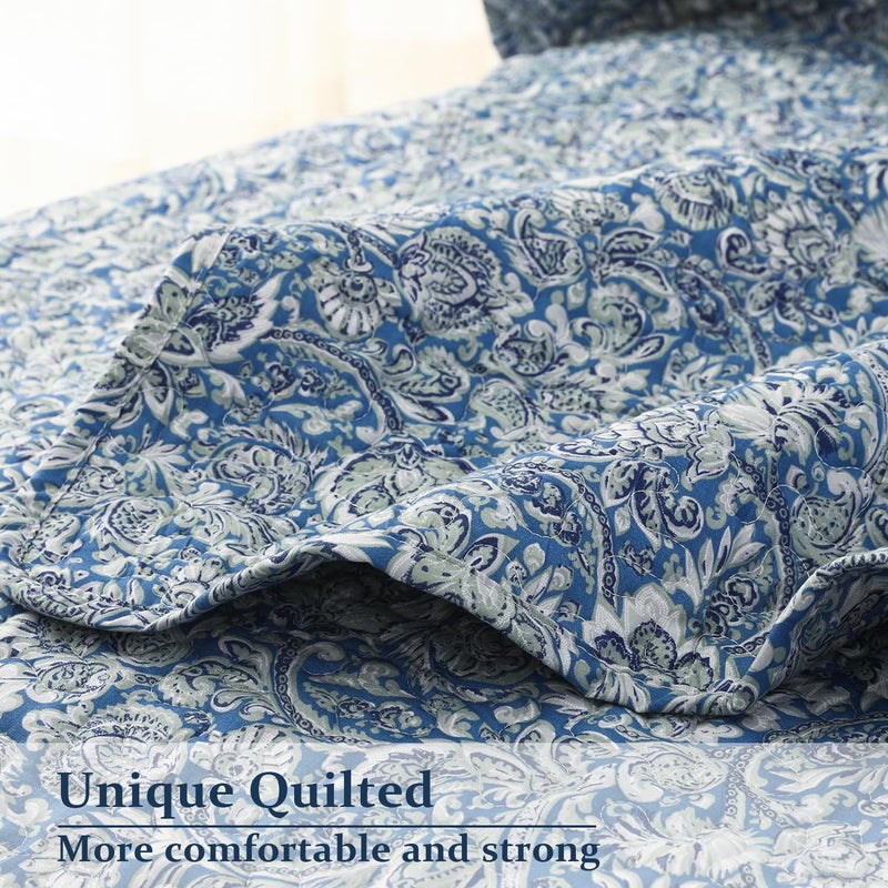 DURLENGEN Quilt Set King Size 3Pcs,Soft Microfiber Lightweight Bedspread,Blue & Green Paisley Floral Geometric Pattern Coverlet for All Season Layering(King 106x96,Paisley Blue) - Image 4