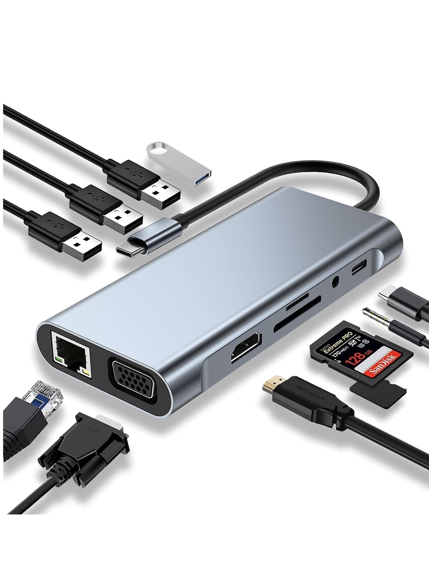 USB C Hub 11-in-1 Docking Station – Dual Display 4K HDMI & VGA, 100W PD Charging, USB 3.0 Ports, Gigabit Ethernet, SD/TF Card Reader, Audio Jack – Multiport Adapter for MacBook Pro/Air, Dell, HP, Lenovo, More