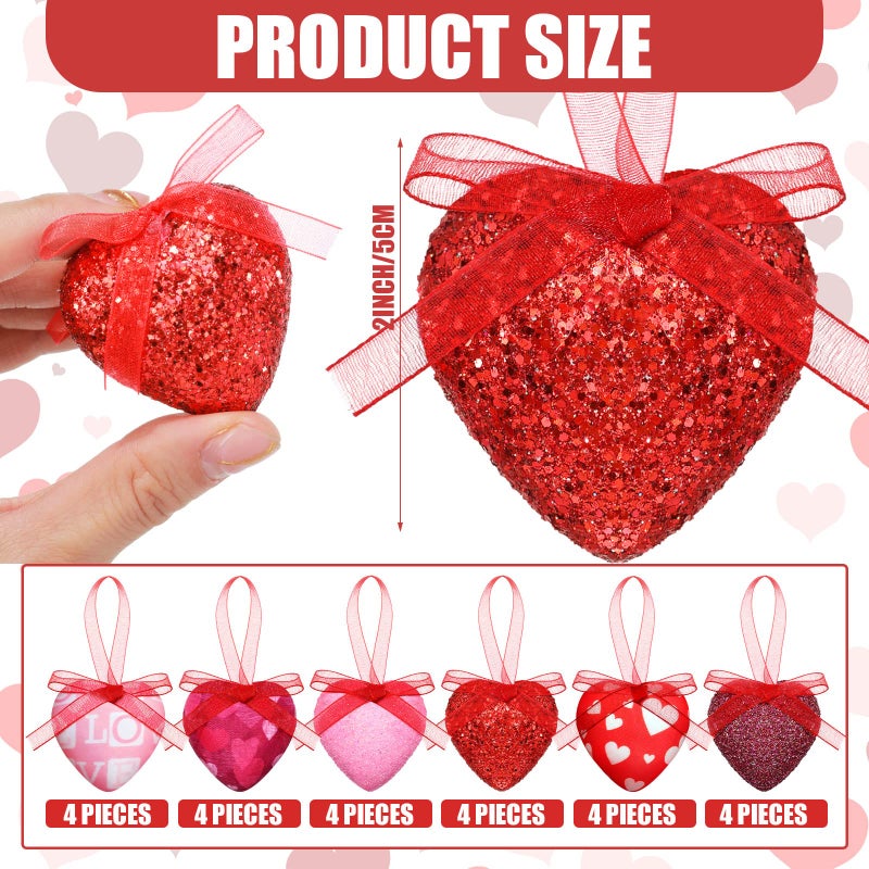 Kajaia 24 Pcs Glittery Valentine's Day Decoration Red Pink Heart Tree Ornaments with Bow Valentines Tree Decoration Hanging Decorative Ornaments for Home Wall Party Indoor Outdoor Decor - Image 2