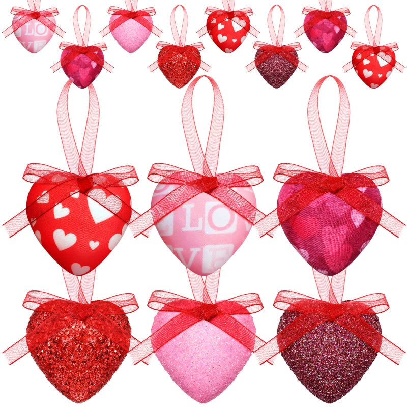 Kajaia 24 Pcs Glittery Valentine's Day Decoration Red Pink Heart Tree Ornaments with Bow Valentines Tree Decoration Hanging Decorative Ornaments for Home Wall Party Indoor Outdoor Decor - Image 1