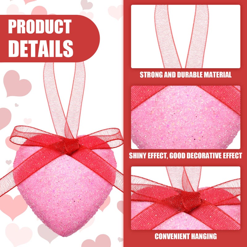 Kajaia 24 Pcs Glittery Valentine's Day Decoration Red Pink Heart Tree Ornaments with Bow Valentines Tree Decoration Hanging Decorative Ornaments for Home Wall Party Indoor Outdoor Decor - Image 3