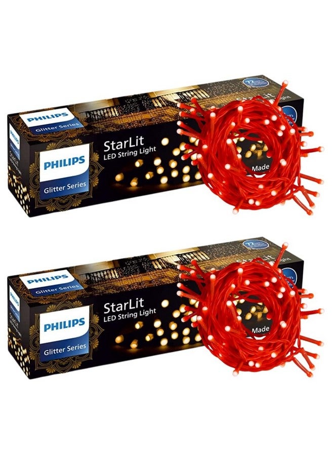 Philips أضواء خيطية LED من فيليبس بطول 12 متر و72 لمبة للتزيين | أضواء خيطية LED للاحتفالات مثل ديوالي، عيد الميلاد وتزيين المنزل | أحمر، عبوة من 2 - Image 1
