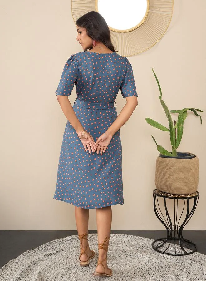 StyleStone  Stylestone Blue Polka Dot Print Wrap Knee Length Dress for Women | Best Price UAE