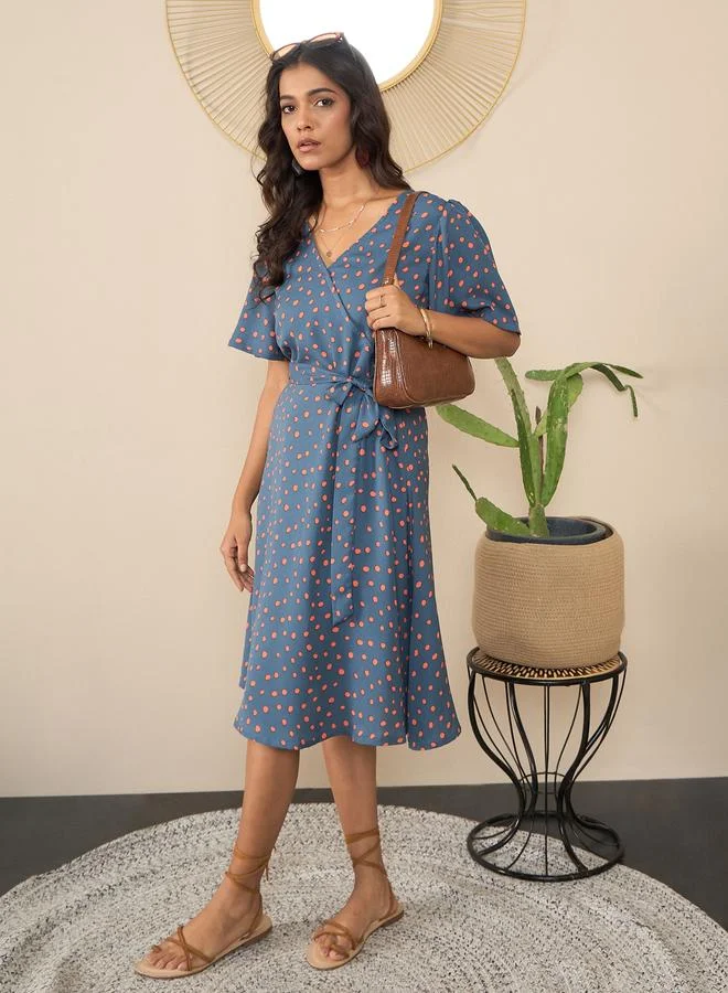 StyleStone  Stylestone Blue Polka Dot Print Wrap Knee Length Dress for Women | Best Price UAE