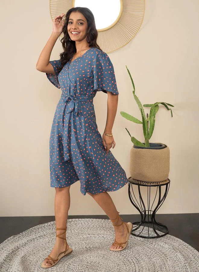 StyleStone Stylestone Blue Polka Dot Print Wrap Knee Length Dress