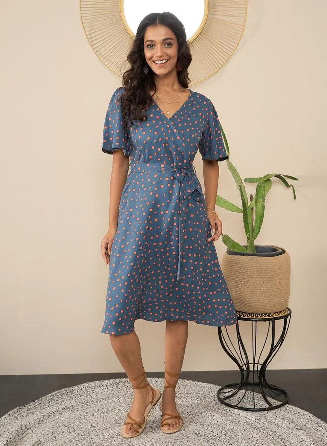 Stylestone Blue Polka Dot Print Wrap Knee Length Dress