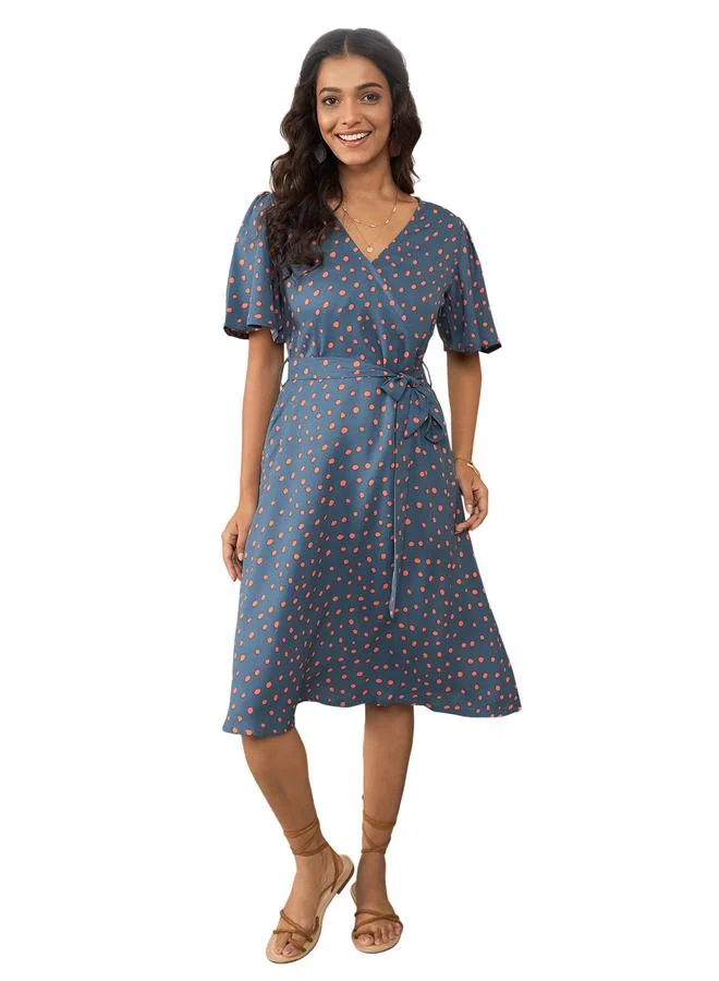 StyleStone  Stylestone Blue Polka Dot Print Wrap Knee Length Dress for Women | Best Price UAE