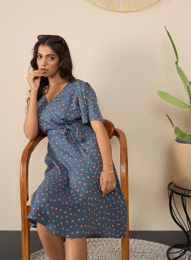 StyleStone  Stylestone Blue Polka Dot Print Wrap Knee Length Dress for Women | Best Price UAE