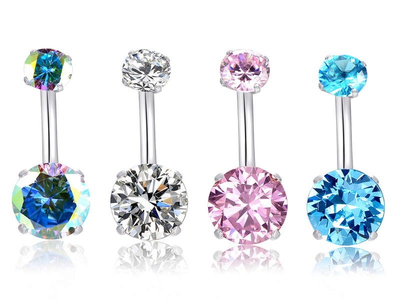 HQLA 14G Belly Button Rings Surgical Stainless Steel Round Cubic Zirconia Navel Barbell Stud Body Piercing (4Pcs(Clear+AB Color+Pink+Blue)) - Image 1