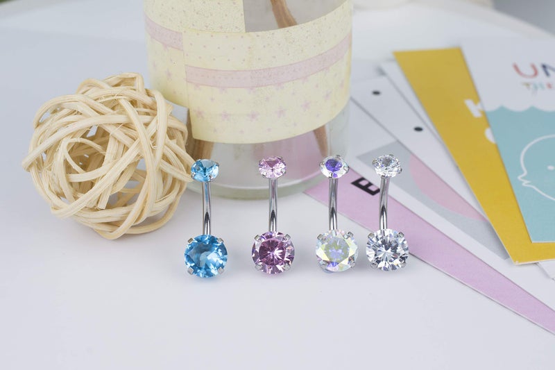 HQLA 14G Belly Button Rings Surgical Stainless Steel Round Cubic Zirconia Navel Barbell Stud Body Piercing (4Pcs(Clear+AB Color+Pink+Blue)) - Image 5