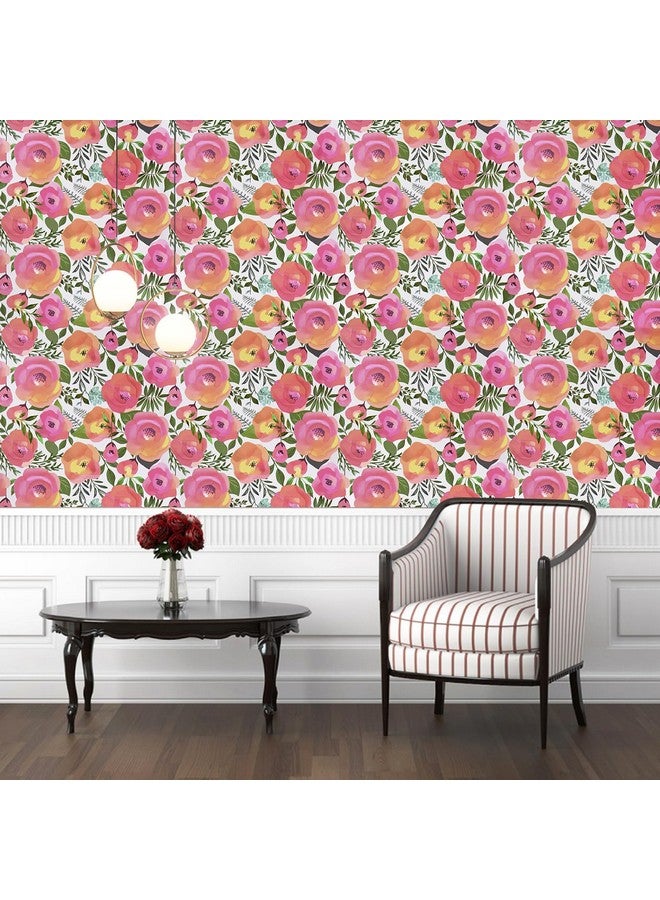WENMER Pink Floral Wallpaper 17.7" x 236" Peel and Stick Peach Pink Flower Wallpaper Decorative Watercolor Removable Wallpaper for Dresser Cabinet Shelf Liner Bedroom Bathroom Accent Walls - Image 2
