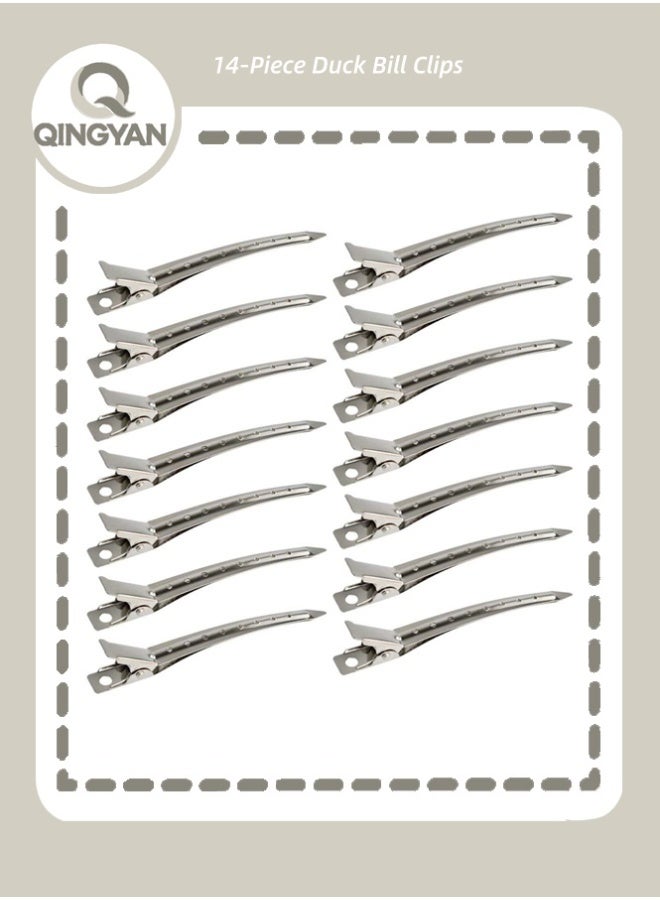 QINGYAN 14-Piece  Duck Bill Clips 9cm Rustproof Metal Alligator Curl Clips with Holes for Hair Styling Hair Colouring Silver - Image 1