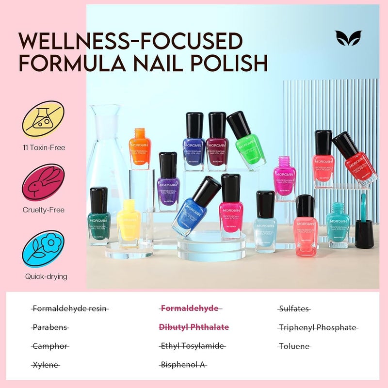 Morovan Nail Polish Set Fingernail: Shimmer Glitter Air Dry 15 Bright Colors 0.27oz Neon Regular Nail Polish Kit Finger Nail Set Gift for Women Spring Summer - Image 3