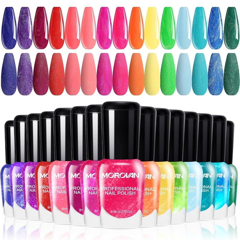 Morovan Nail Polish Set Fingernail: Shimmer Glitter Air Dry 15 Bright Colors 0.27oz Neon Regular Nail Polish Kit Finger Nail Set Gift for Women Spring Summer - Image 1