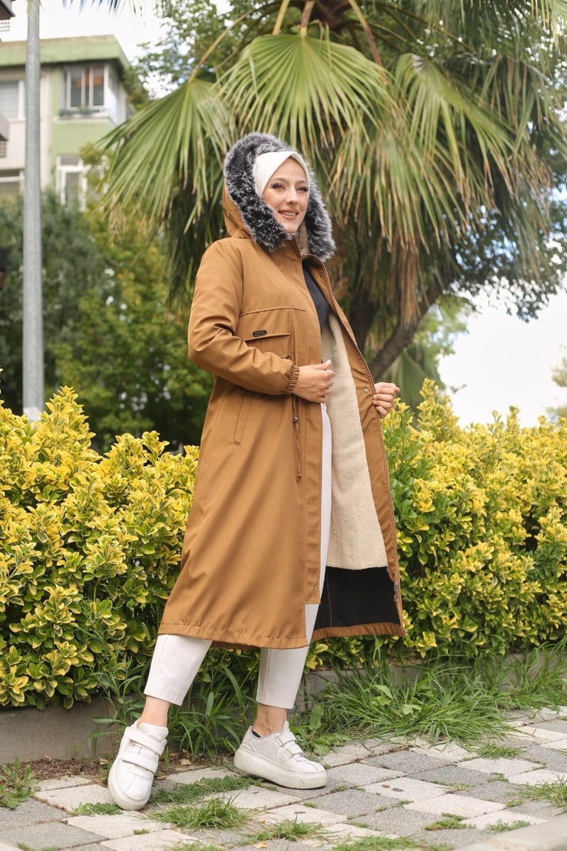 Vibeys Collection Brown Fur Lined and Waterproof Women's Winter Coat & Jacket - Image 2