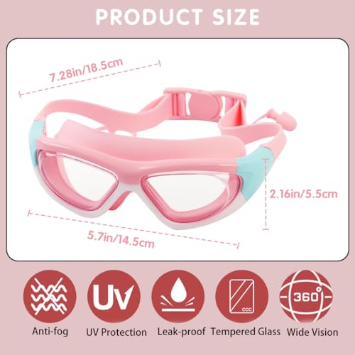 PROBEROS® Swimming Goggles for Kids, Leakproof Anti-Fog with Ear Plugs, UV Protection with Adjustable Strap Goggles for Swimming Air Tight Swim Goggles for Boys & Girls Aged 3-16 - Vibrant Pink - Image 2
