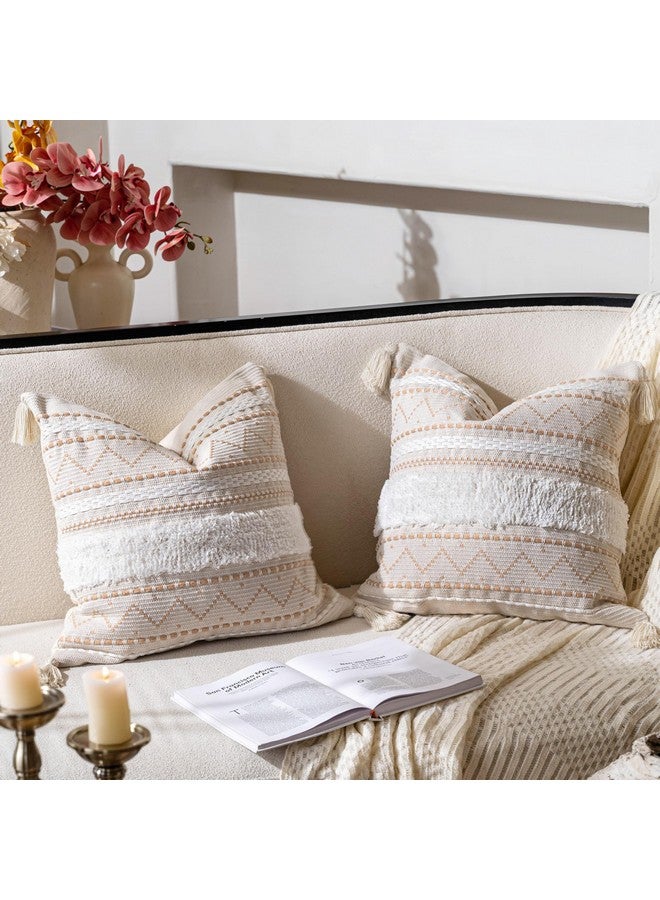 BlissBlush BlissBlush Decorative Throw Pillow Cover 20x20 Combo Set of 2 Square Cream Neutral White Boho Accent Pillowcase Tassels Farmhouse Cushion for Couch Sofa Bedroom Living Room Home Décor Cover ONLY  - Image 3