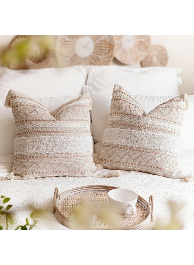 BlissBlush BlissBlush Decorative Throw Pillow Cover 20x20 Combo Set of 2 Square Cream Neutral White Boho Accent Pillowcase Tassels Farmhouse Cushion for Couch Sofa Bedroom Living Room Home Décor Cover ONLY  - Image 1