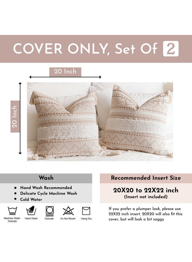 BlissBlush BlissBlush Decorative Throw Pillow Cover 20x20 Combo Set of 2 Square Cream Neutral White Boho Accent Pillowcase Tassels Farmhouse Cushion for Couch Sofa Bedroom Living Room Home Décor Cover ONLY  - Image 4