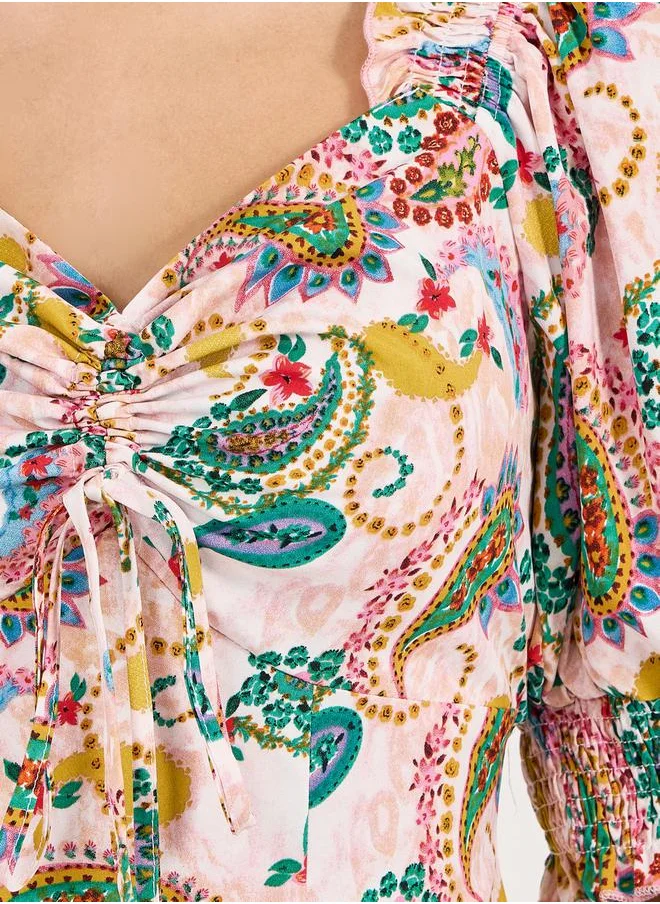 Styli All Over Print Ruched Detail Midi Dress