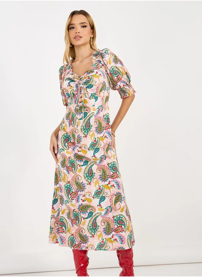 Styli All Over Print Ruched Detail Midi Dress