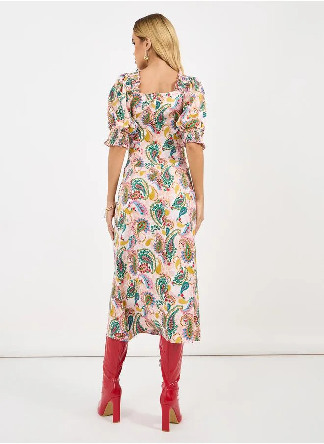 Styli All Over Print Ruched Detail Midi Dress