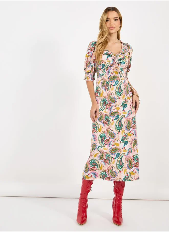 Styli All Over Print Ruched Detail Midi Dress