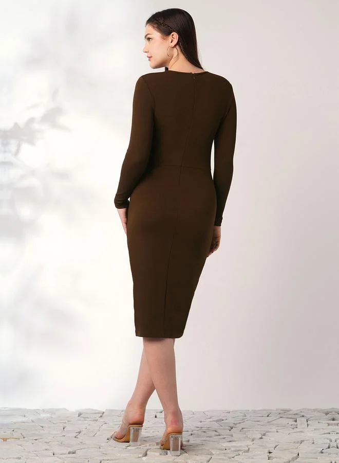 globus Coffee Brown Round Neck Twisted Detail Midi Dress