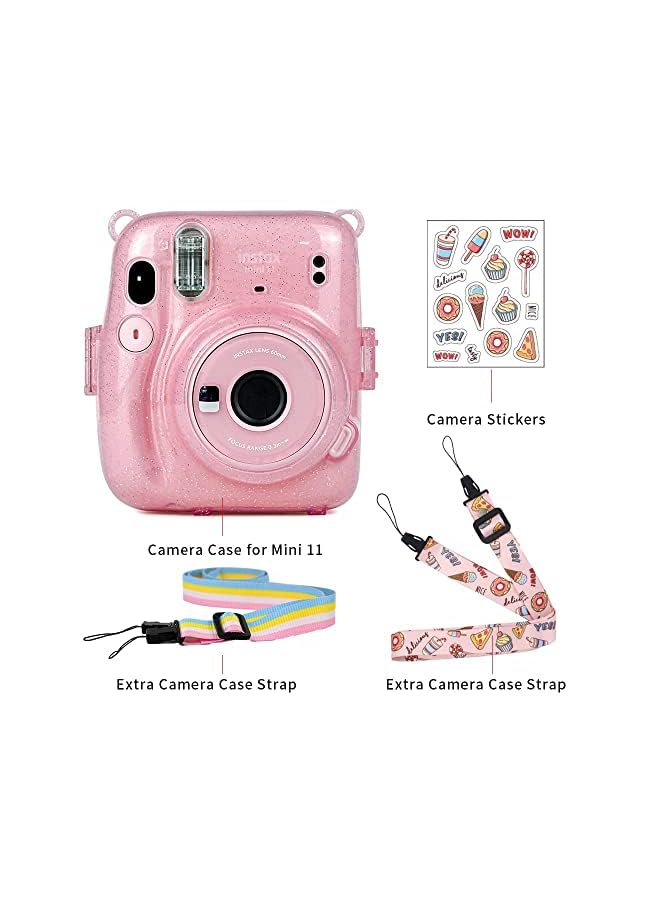 Excefore Camera Case for Fujifilm Instax Mini 11 Clear Case for Fujifilm Instax Mini 11 Instant Camera Protective Case Anti-Scratch with Colored Shoulder Straps (Glitter Pink2) - Image 2