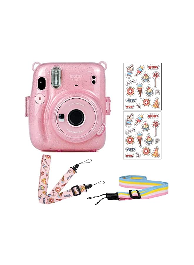 Excefore Camera Case for Fujifilm Instax Mini 11 Clear Case for Fujifilm Instax Mini 11 Instant Camera Protective Case Anti-Scratch with Colored Shoulder Straps (Glitter Pink2) - Image 1