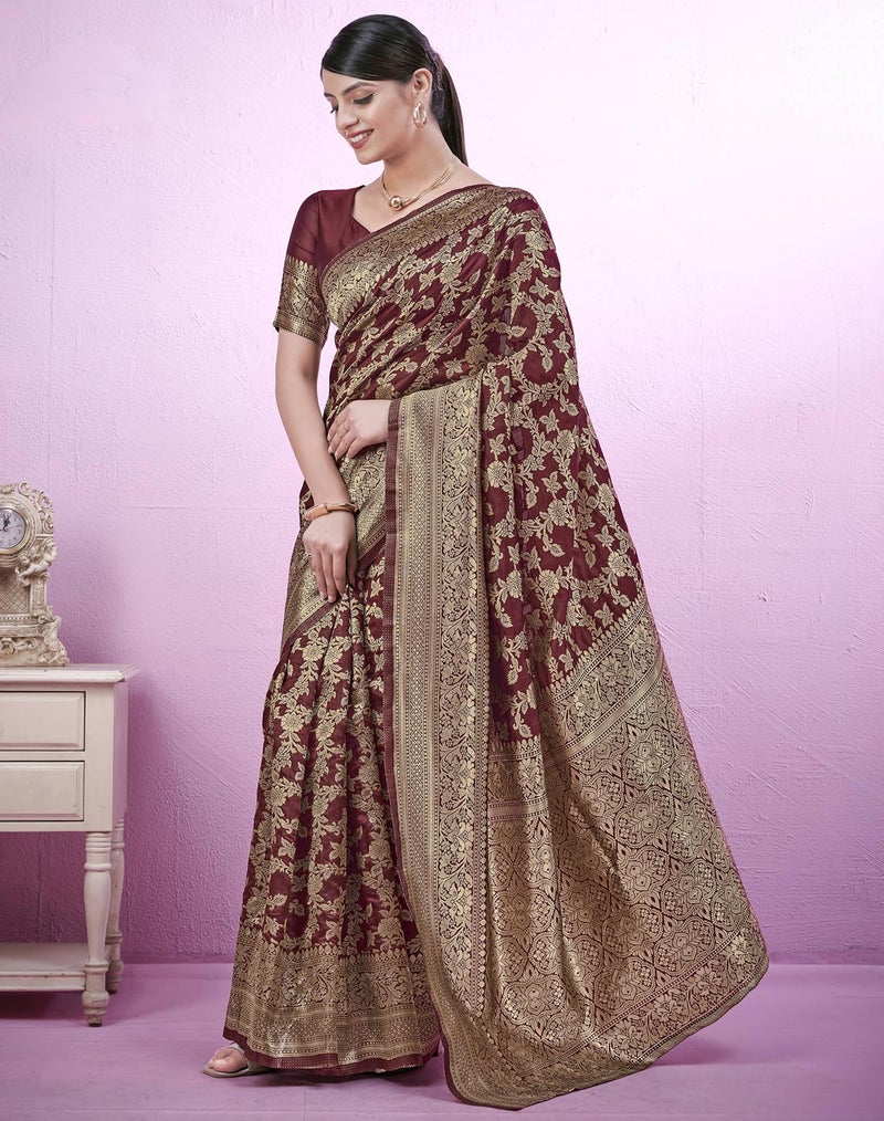 SIRIL Women's Banarasi Soft Silk Saree Pure Silk Kanjivaram Saree With Unstitched Blouse Piece (3662S392AAAA_Maroon & Golden) - Image 2