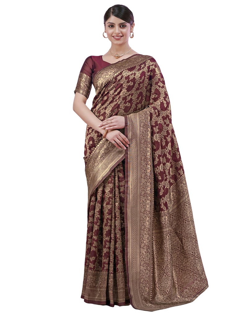 SIRIL Women's Banarasi Soft Silk Saree Pure Silk Kanjivaram Saree With Unstitched Blouse Piece (3662S392AAAA_Maroon & Golden) - Image 1